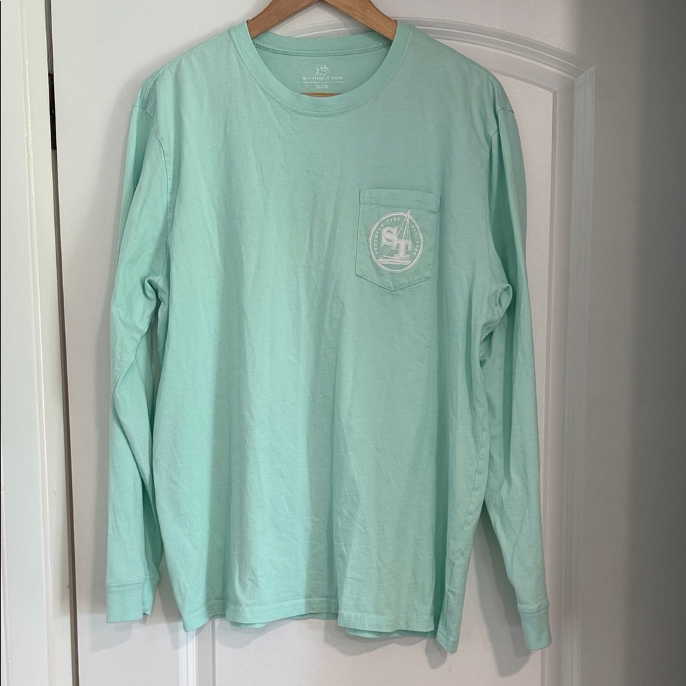 Boys Southern Tide Mint Green Long Sleeve Pocket Tee sailboat Large EUC Shirt